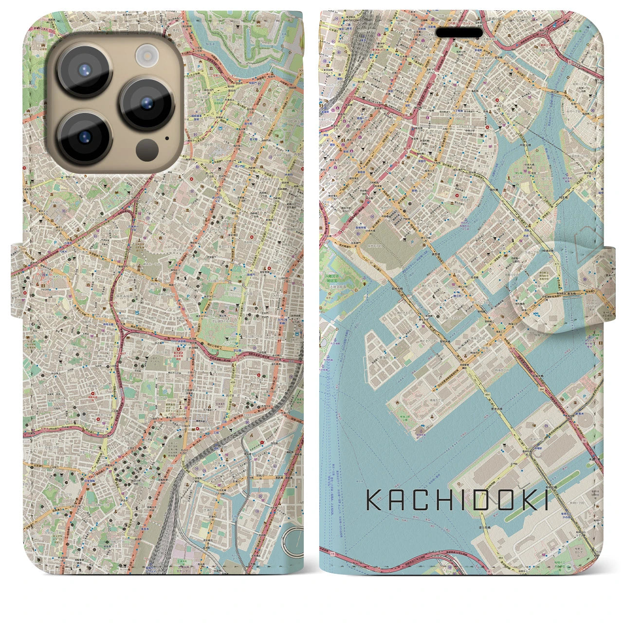 【勝どき】地図柄iPhoneケース（手帳両面タイプ・ナチュラル）iPhone 14 Pro Max 用