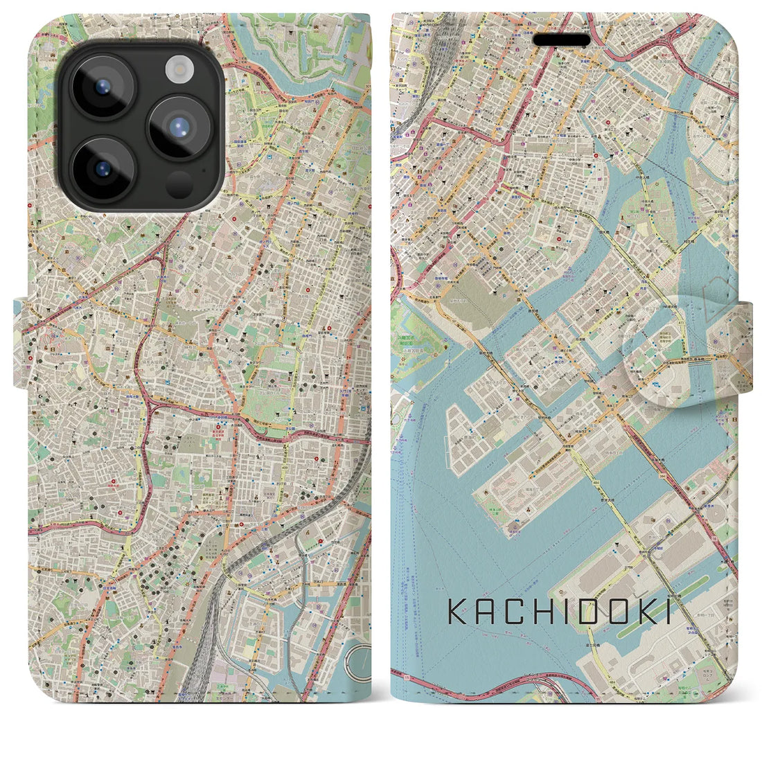 【勝どき】地図柄iPhoneケース（手帳両面タイプ・ナチュラル）iPhone 15 Pro Max 用
