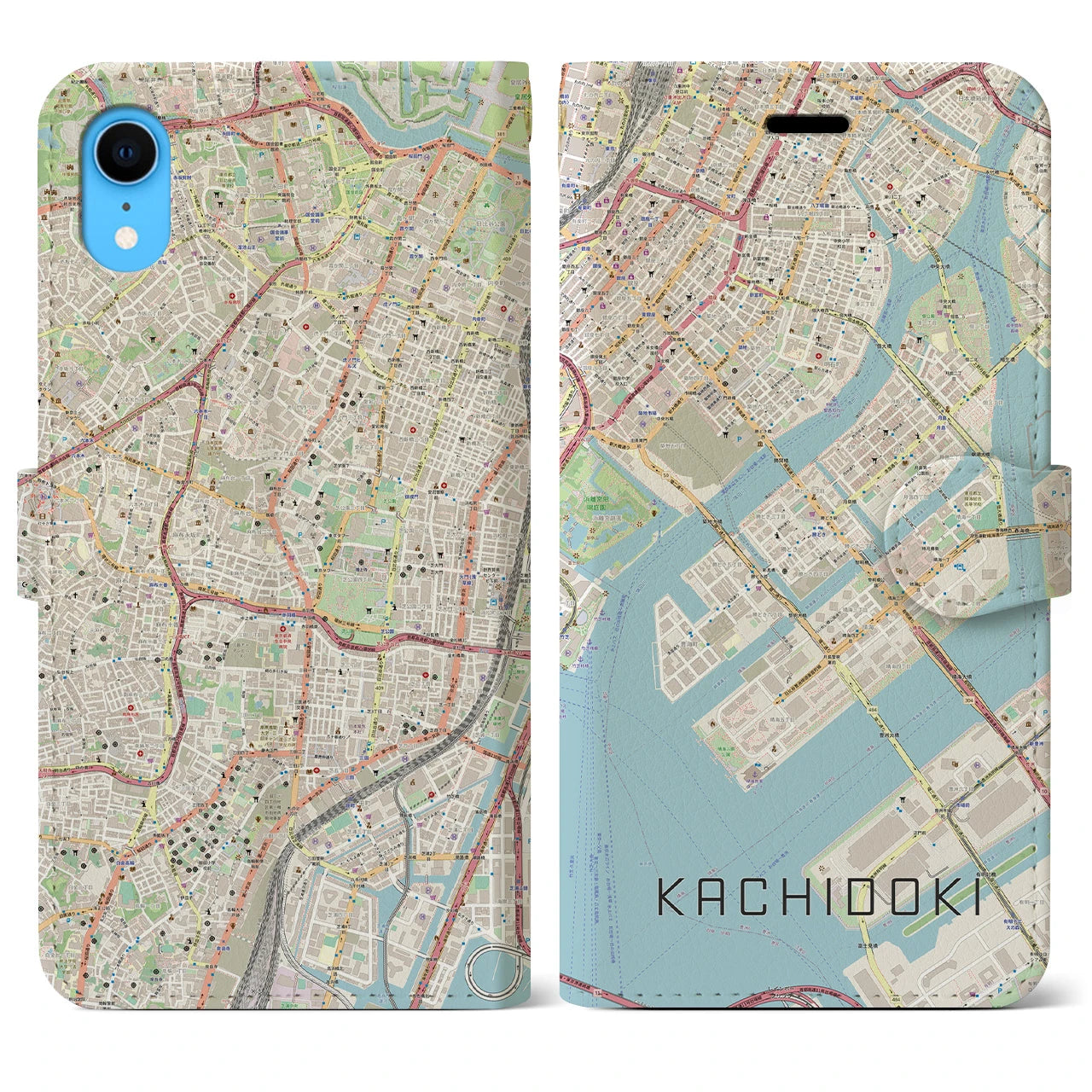 【勝どき】地図柄iPhoneケース（手帳両面タイプ・ナチュラル）iPhone XR 用
