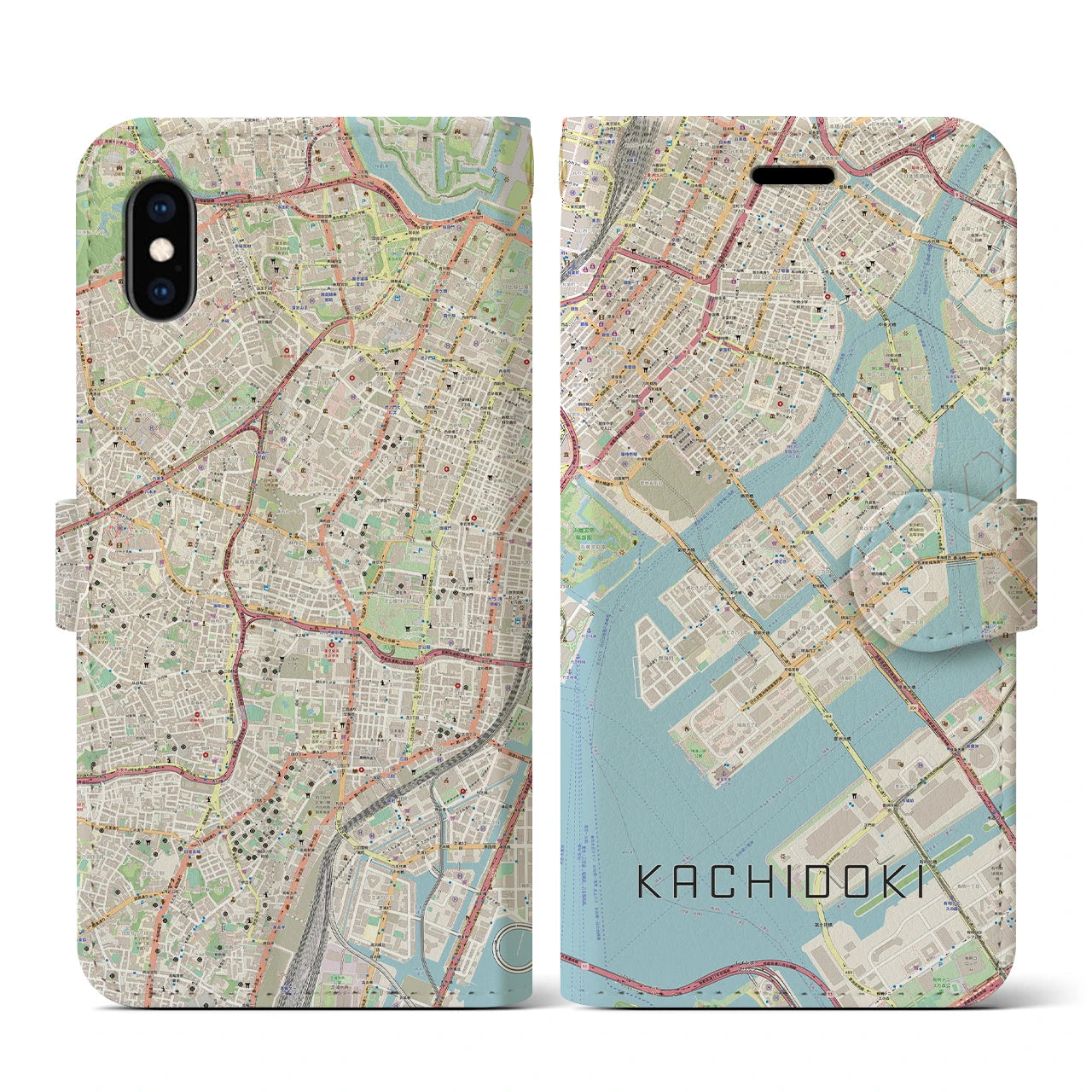 【勝どき】地図柄iPhoneケース（手帳両面タイプ・ナチュラル）iPhone XS / X 用
