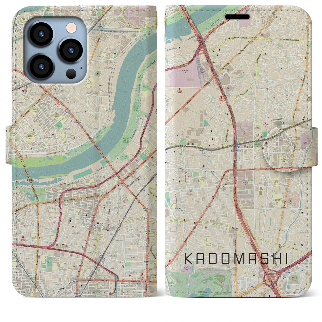 【門真市】地図柄iPhoneケース（手帳両面タイプ・ナチュラル）iPhone 13 Pro Max 用