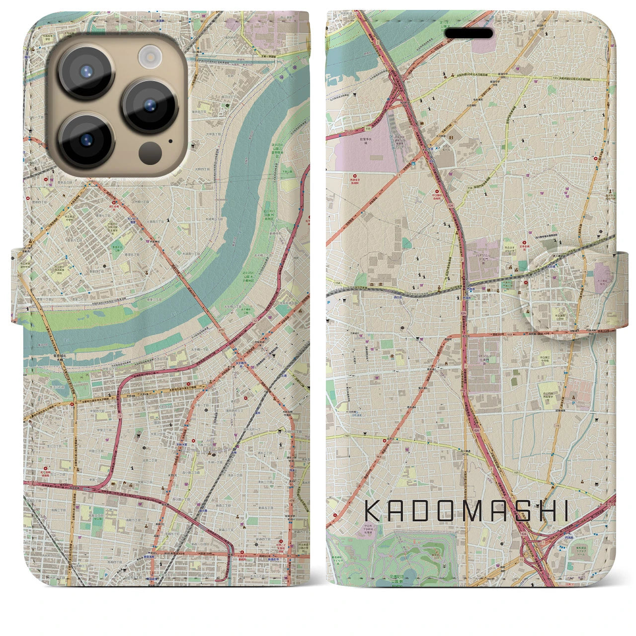 【門真市】地図柄iPhoneケース（手帳両面タイプ・ナチュラル）iPhone 14 Pro Max 用