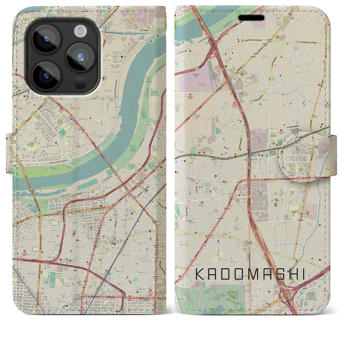 【門真市】地図柄iPhoneケース（手帳両面タイプ・ナチュラル）iPhone 15 Pro Max 用