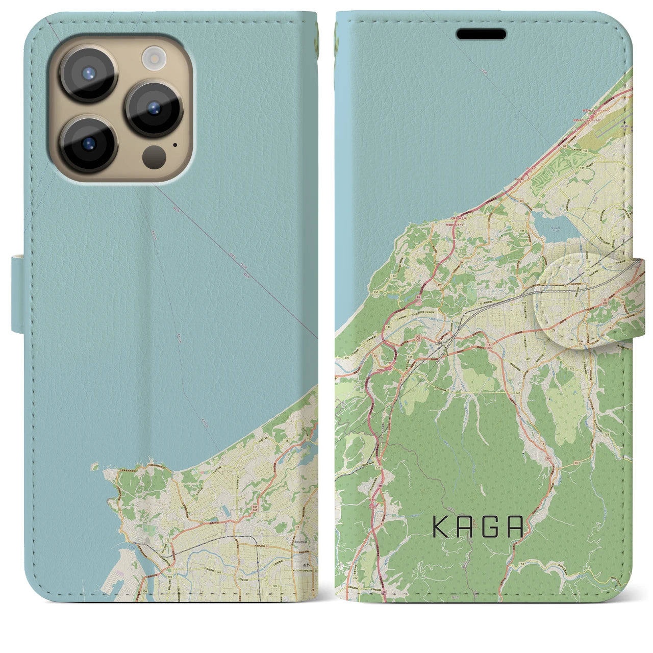 【加賀】地図柄iPhoneケース（手帳両面タイプ・ナチュラル）iPhone 14 Pro Max 用