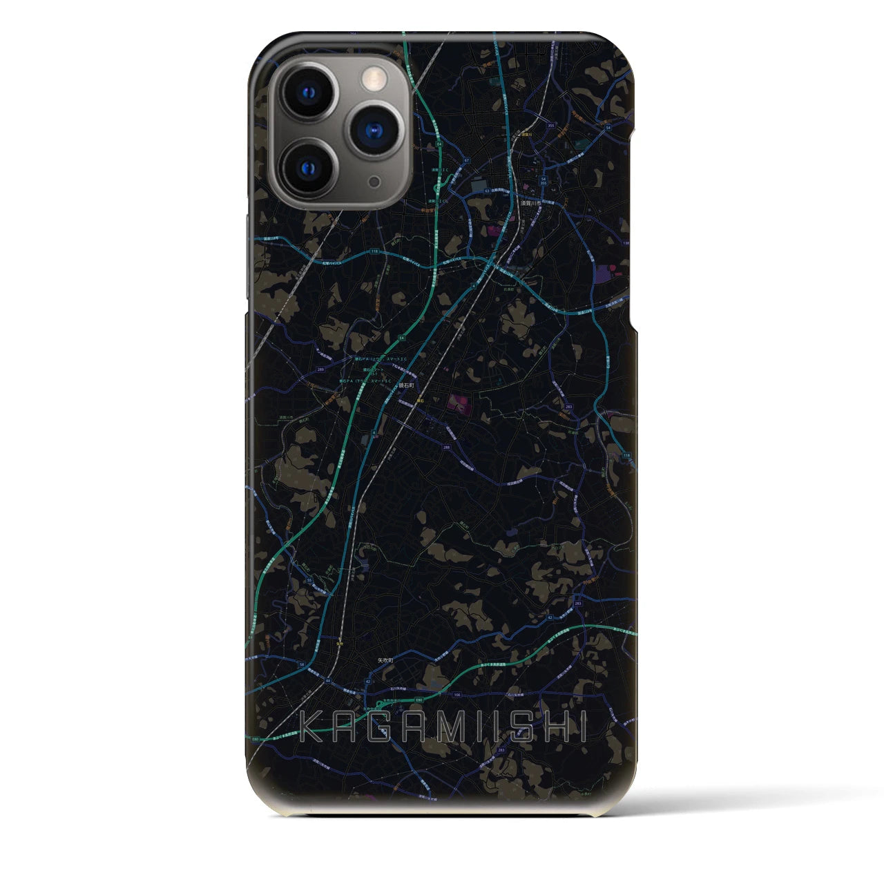 【鏡石】地図柄iPhoneケース（バックカバータイプ・ブラック）iPhone 11 Pro Max 用