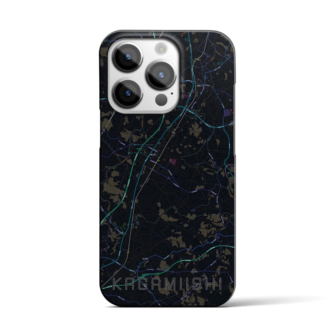 【鏡石】地図柄iPhoneケース（バックカバータイプ・ブラック）iPhone 14 Pro 用