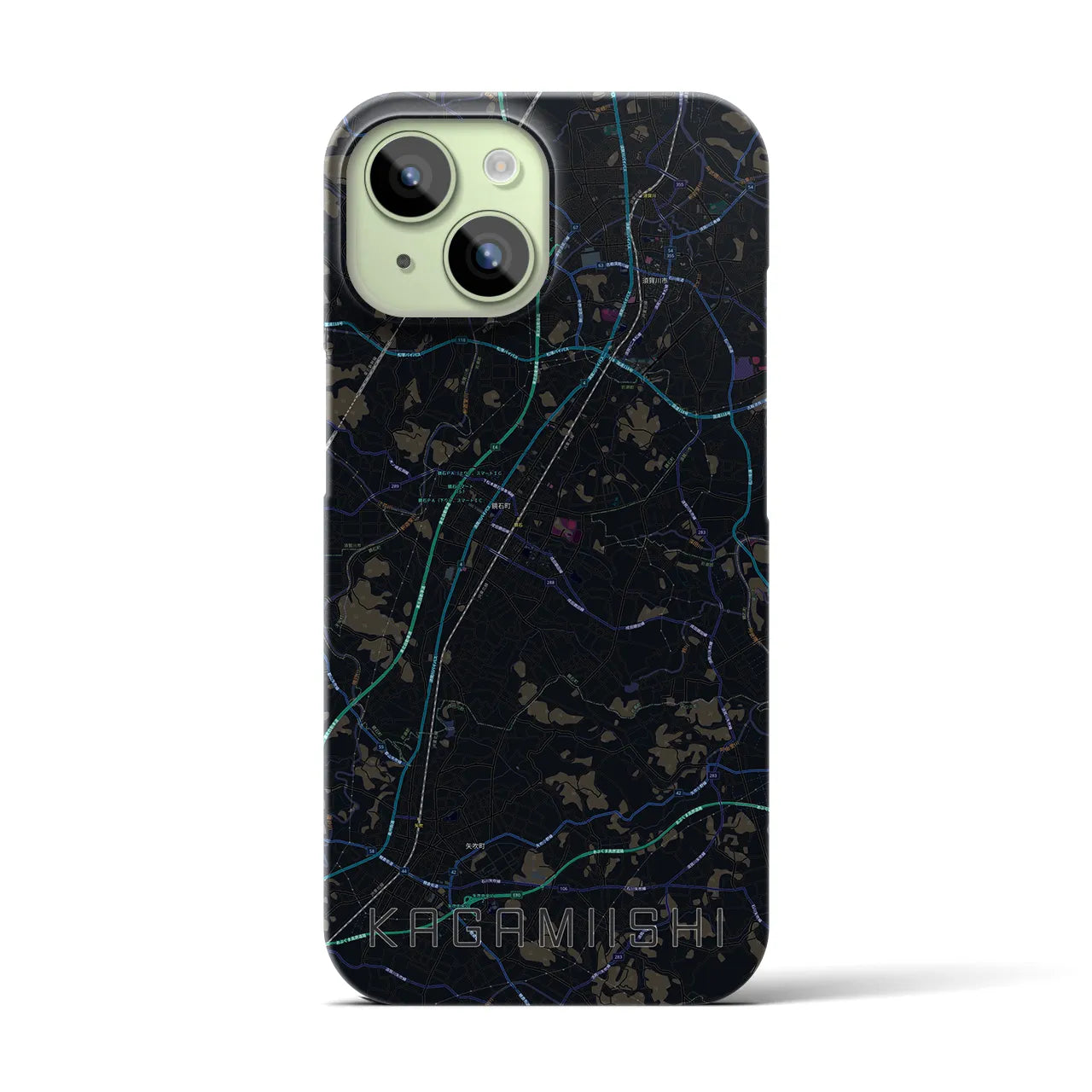 【鏡石】地図柄iPhoneケース（バックカバータイプ・ブラック）iPhone 15 用