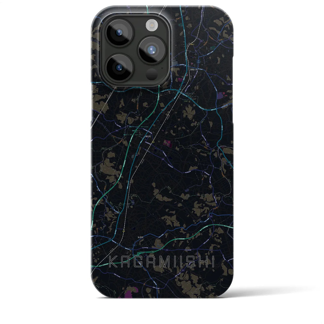 【鏡石】地図柄iPhoneケース（バックカバータイプ・ブラック）iPhone 15 Pro Max 用