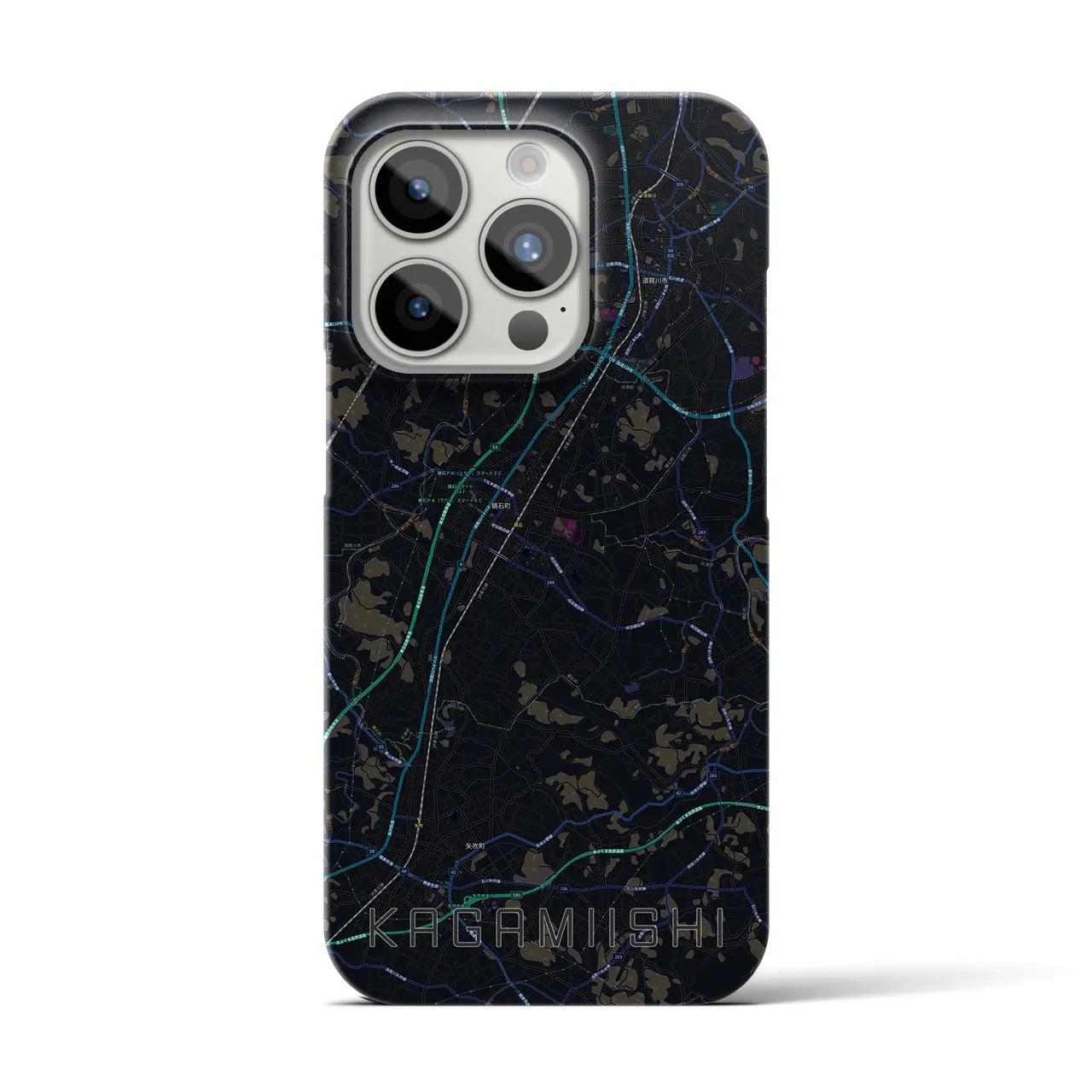 【鏡石】地図柄iPhoneケース（バックカバータイプ・ブラック）iPhone 15 Pro 用