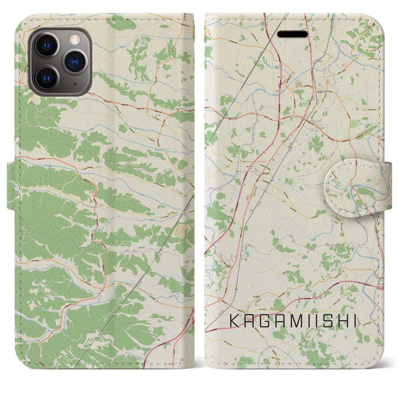 【鏡石】地図柄iPhoneケース（手帳両面タイプ・ナチュラル）iPhone 11 Pro Max 用