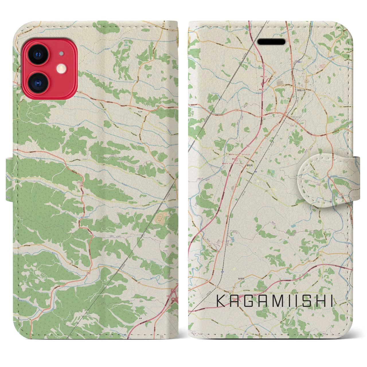 【鏡石】地図柄iPhoneケース（手帳両面タイプ・ナチュラル）iPhone 11 用