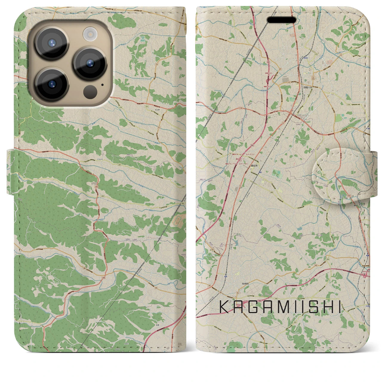 【鏡石】地図柄iPhoneケース（手帳両面タイプ・ナチュラル）iPhone 14 Pro Max 用
