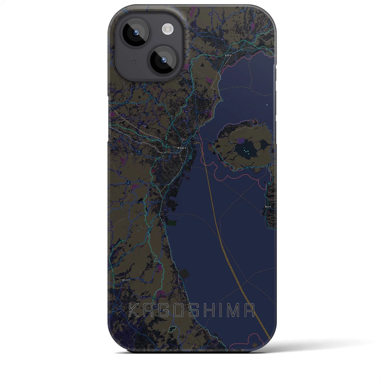 【鹿児島2】地図柄iPhoneケース（バックカバータイプ・ブラック）iPhone 14 Plus 用