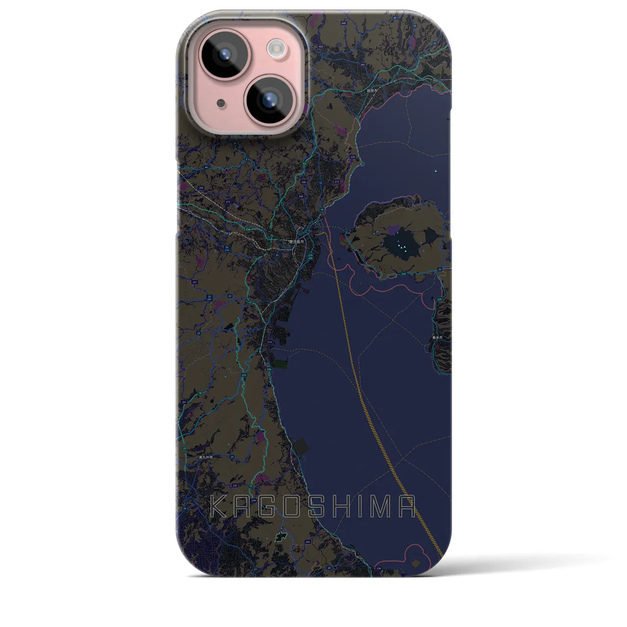 【鹿児島2】地図柄iPhoneケース（バックカバータイプ・ブラック）iPhone 15 Plus 用