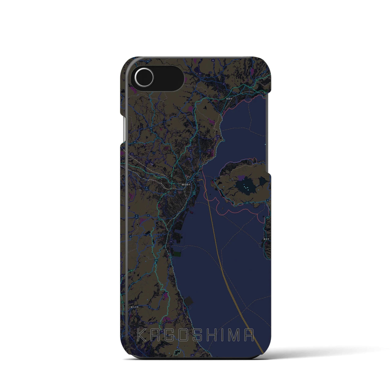 【鹿児島2】地図柄iPhoneケース（バックカバータイプ・ブラック）iPhone SE（第3 / 第2世代） / 8 / 7 / 6s / 6 用