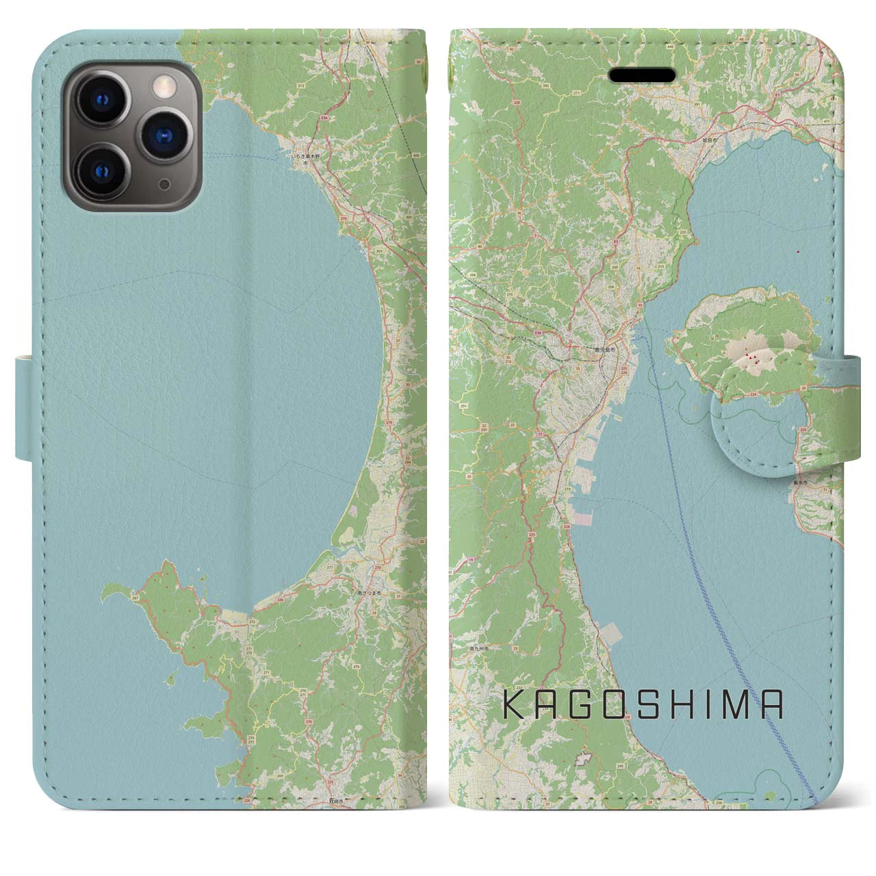 【鹿児島2】地図柄iPhoneケース（手帳両面タイプ・ナチュラル）iPhone 11 Pro Max 用