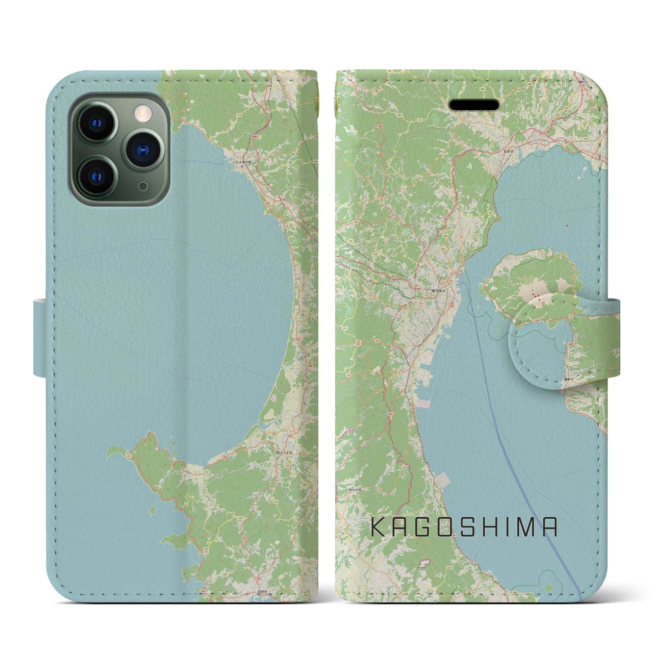 【鹿児島2】地図柄iPhoneケース（手帳両面タイプ・ナチュラル）iPhone 11 Pro 用