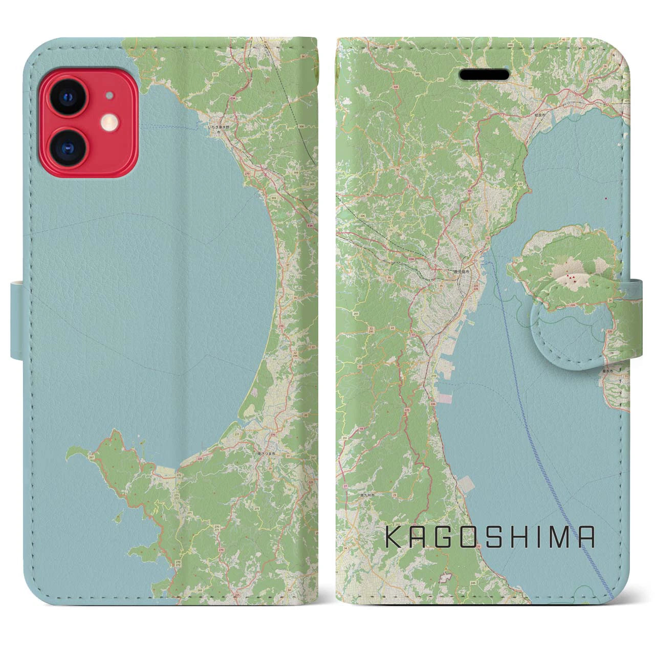 【鹿児島2】地図柄iPhoneケース（手帳両面タイプ・ナチュラル）iPhone 11 用