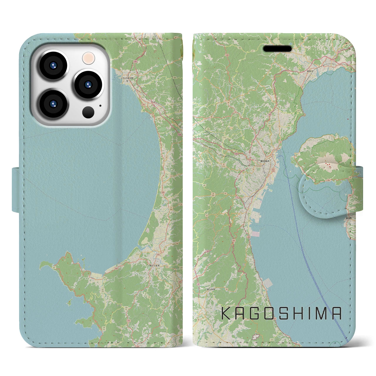 【鹿児島2】地図柄iPhoneケース（手帳両面タイプ・ナチュラル）iPhone 13 Pro 用