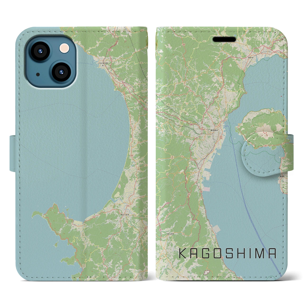 【鹿児島2】地図柄iPhoneケース（手帳両面タイプ・ナチュラル）iPhone 13 用