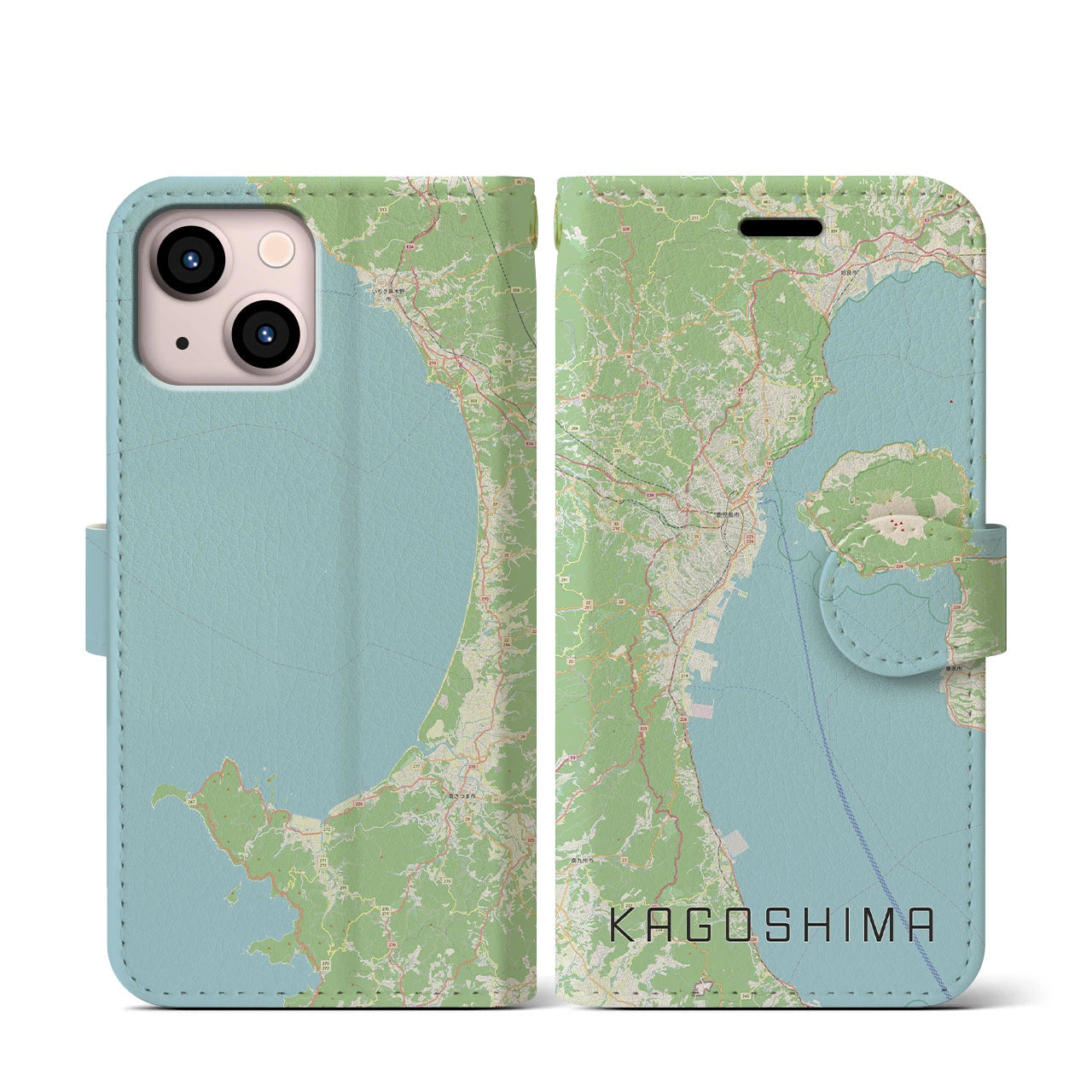 【鹿児島2】地図柄iPhoneケース（手帳両面タイプ・ナチュラル）iPhone 13 mini 用
