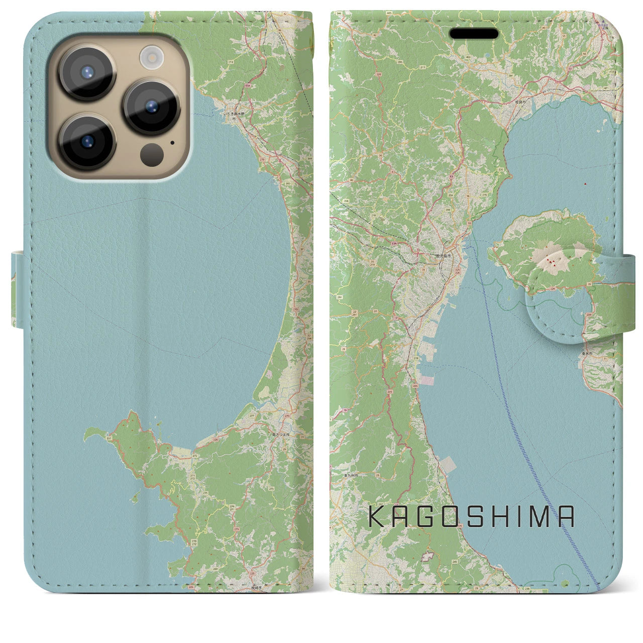 【鹿児島2】地図柄iPhoneケース（手帳両面タイプ・ナチュラル）iPhone 14 Pro Max 用