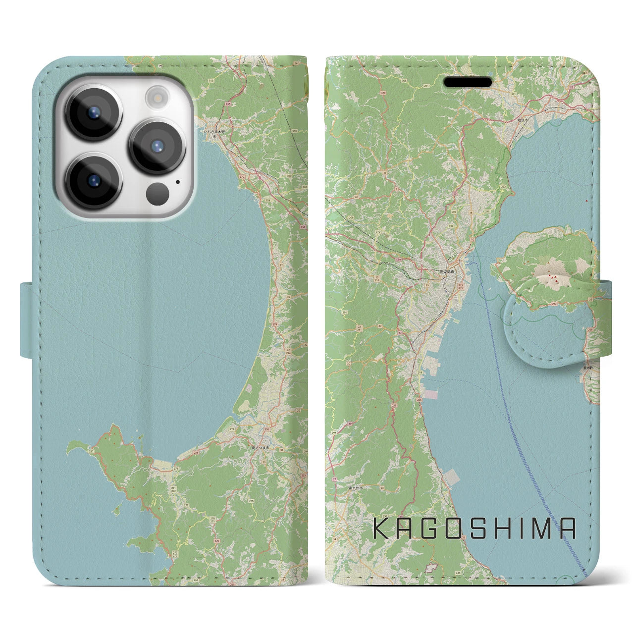 【鹿児島2】地図柄iPhoneケース（手帳両面タイプ・ナチュラル）iPhone 14 Pro 用