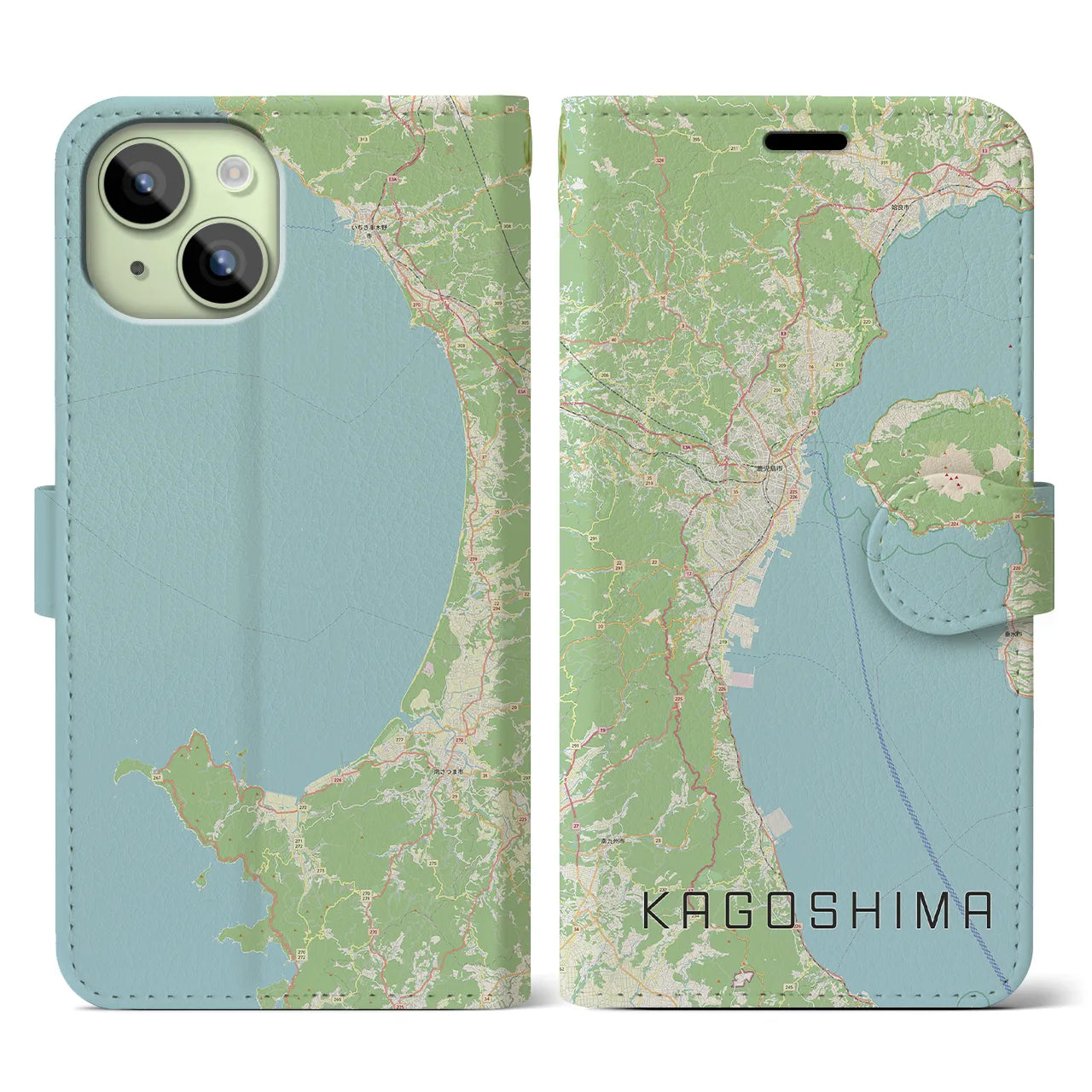 【鹿児島2】地図柄iPhoneケース（手帳両面タイプ・ナチュラル）iPhone 15 用