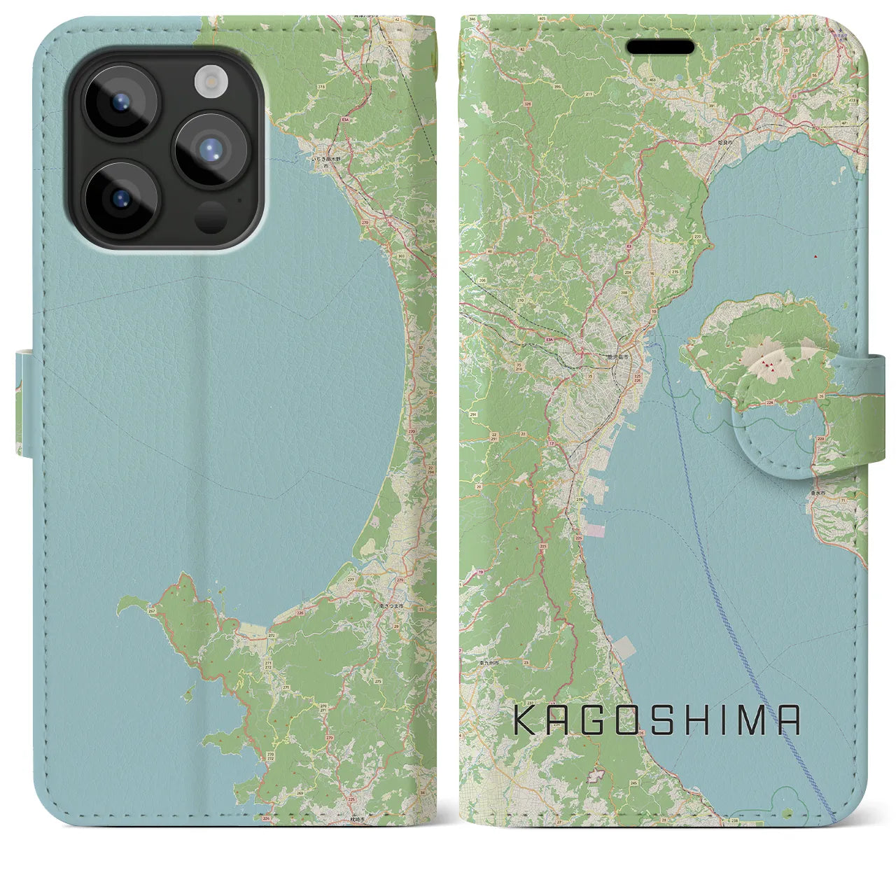 【鹿児島2】地図柄iPhoneケース（手帳両面タイプ・ナチュラル）iPhone 15 Pro Max 用