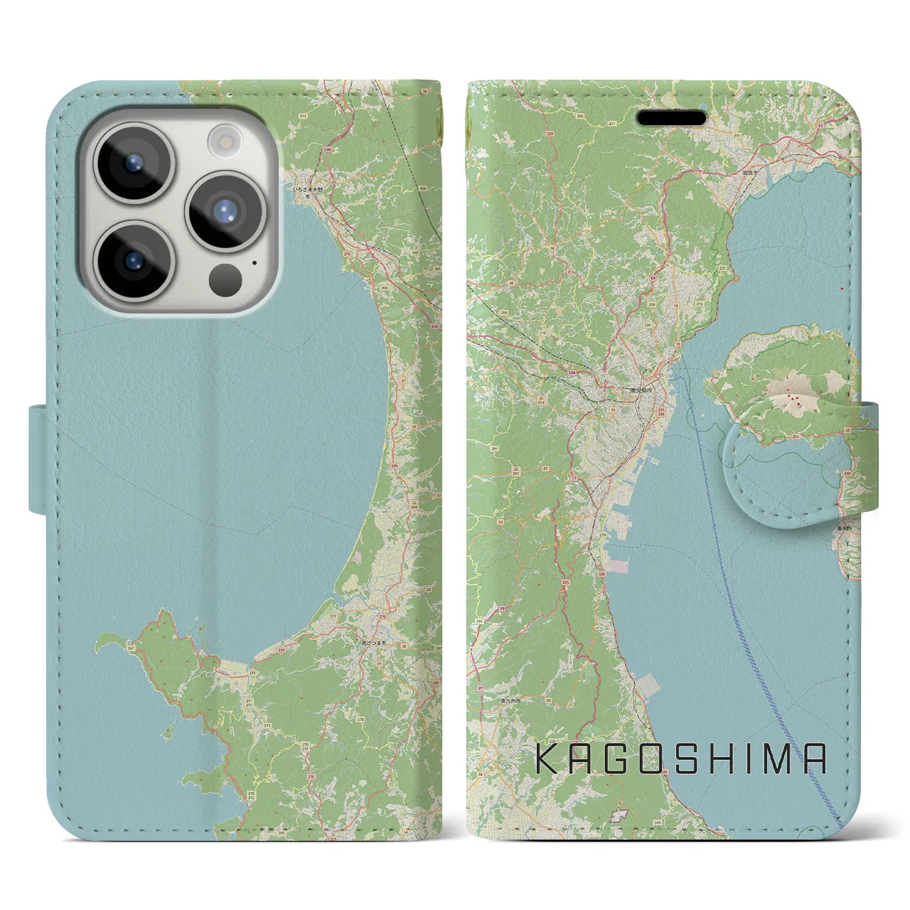 【鹿児島2】地図柄iPhoneケース（手帳両面タイプ・ナチュラル）iPhone 15 Pro 用