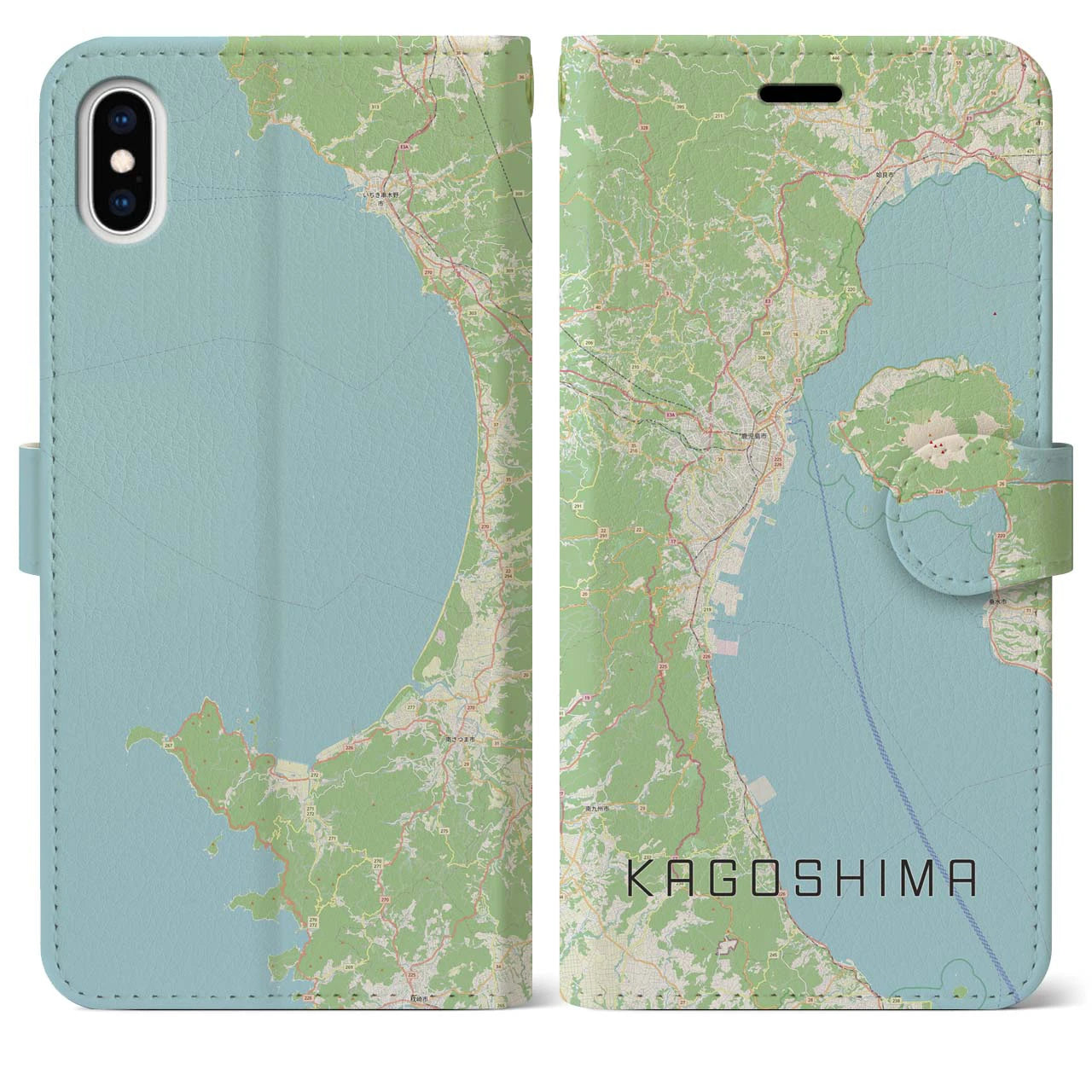 【鹿児島2】地図柄iPhoneケース（手帳両面タイプ・ナチュラル）iPhone XS Max 用