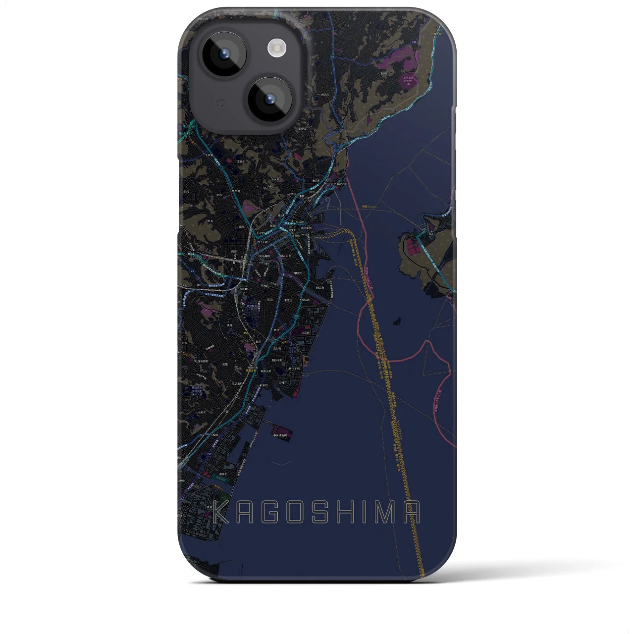 【鹿児島】地図柄iPhoneケース（バックカバータイプ・ブラック）iPhone 14 Plus 用