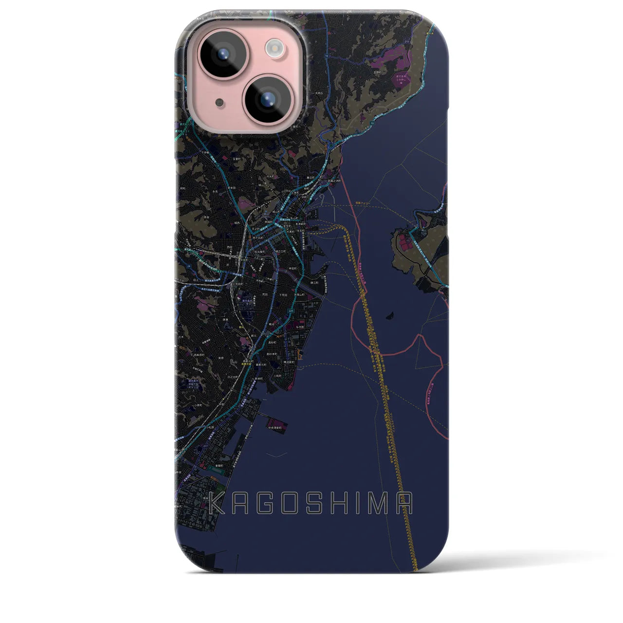 【鹿児島】地図柄iPhoneケース（バックカバータイプ・ブラック）iPhone 15 Plus 用