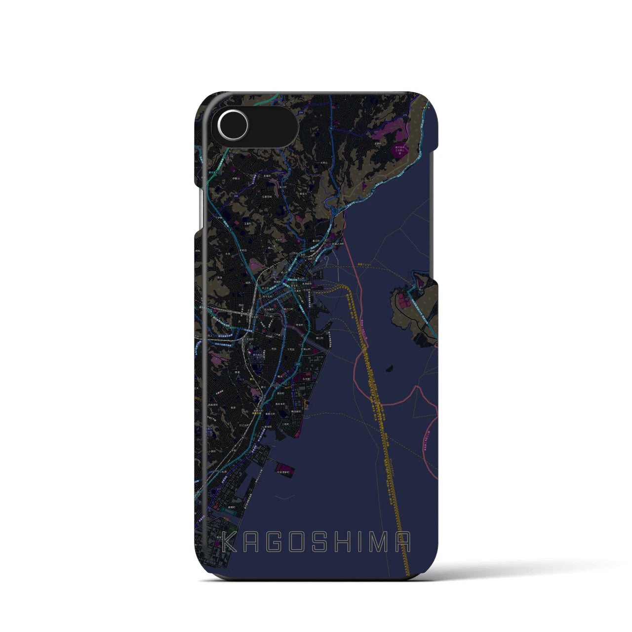 【鹿児島】地図柄iPhoneケース（バックカバータイプ・ブラック）iPhone SE（第3 / 第2世代） / 8 / 7 / 6s / 6 用
