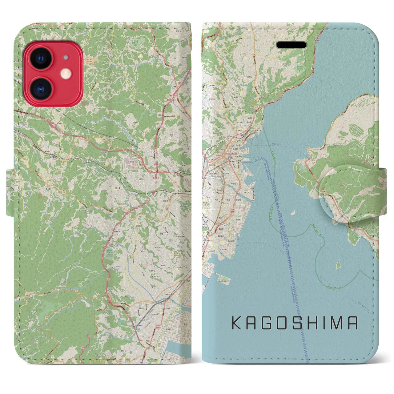 【鹿児島】地図柄iPhoneケース（手帳両面タイプ・ナチュラル）iPhone 11 用