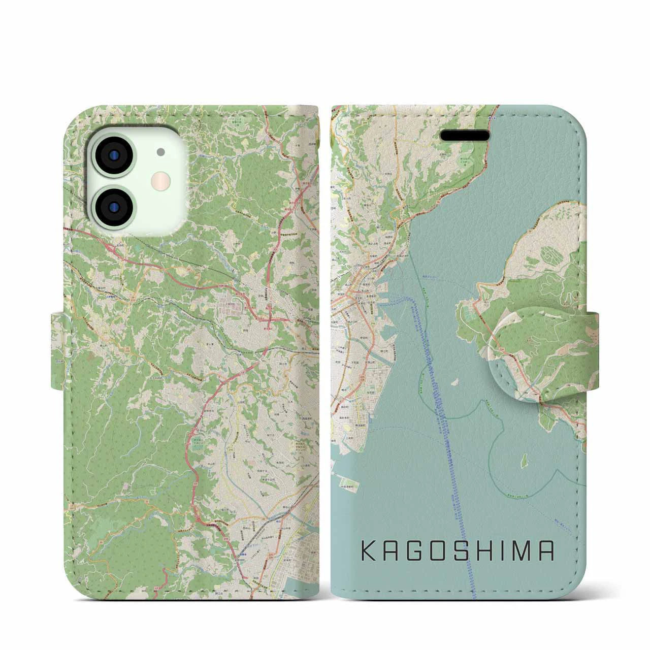【鹿児島】地図柄iPhoneケース（手帳両面タイプ・ナチュラル）iPhone 12 mini 用