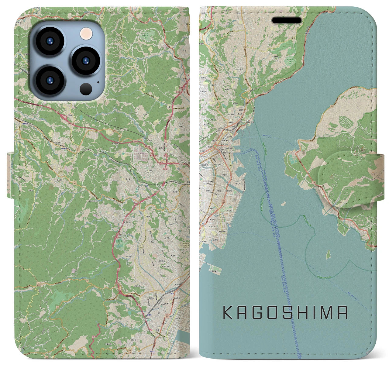 【鹿児島】地図柄iPhoneケース（手帳両面タイプ・ナチュラル）iPhone 13 Pro Max 用