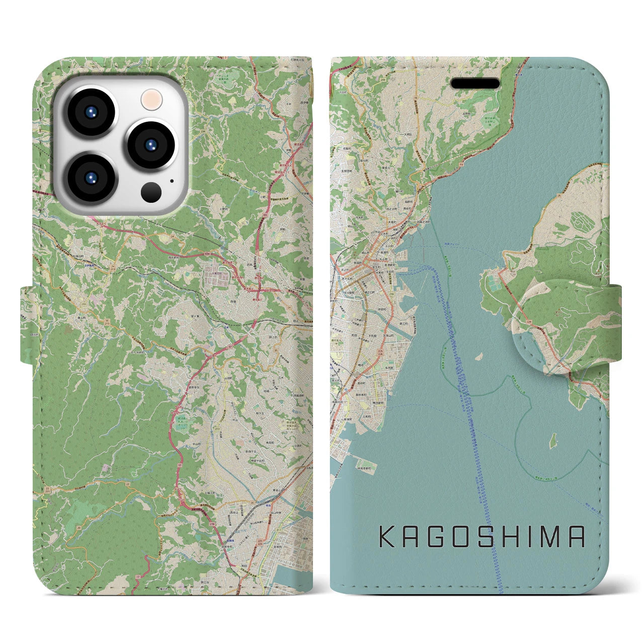 【鹿児島】地図柄iPhoneケース（手帳両面タイプ・ナチュラル）iPhone 13 Pro 用