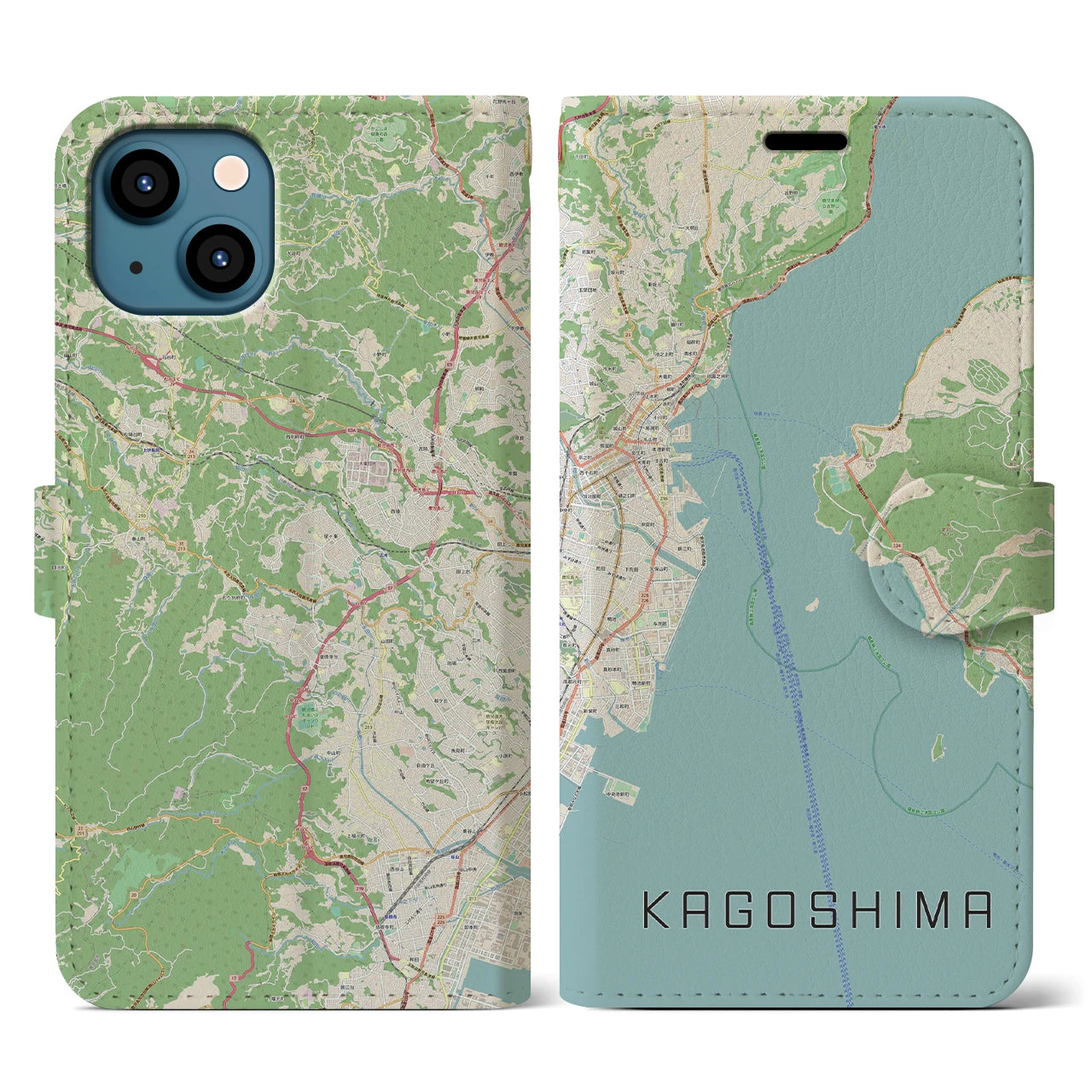 【鹿児島】地図柄iPhoneケース（手帳両面タイプ・ナチュラル）iPhone 13 用