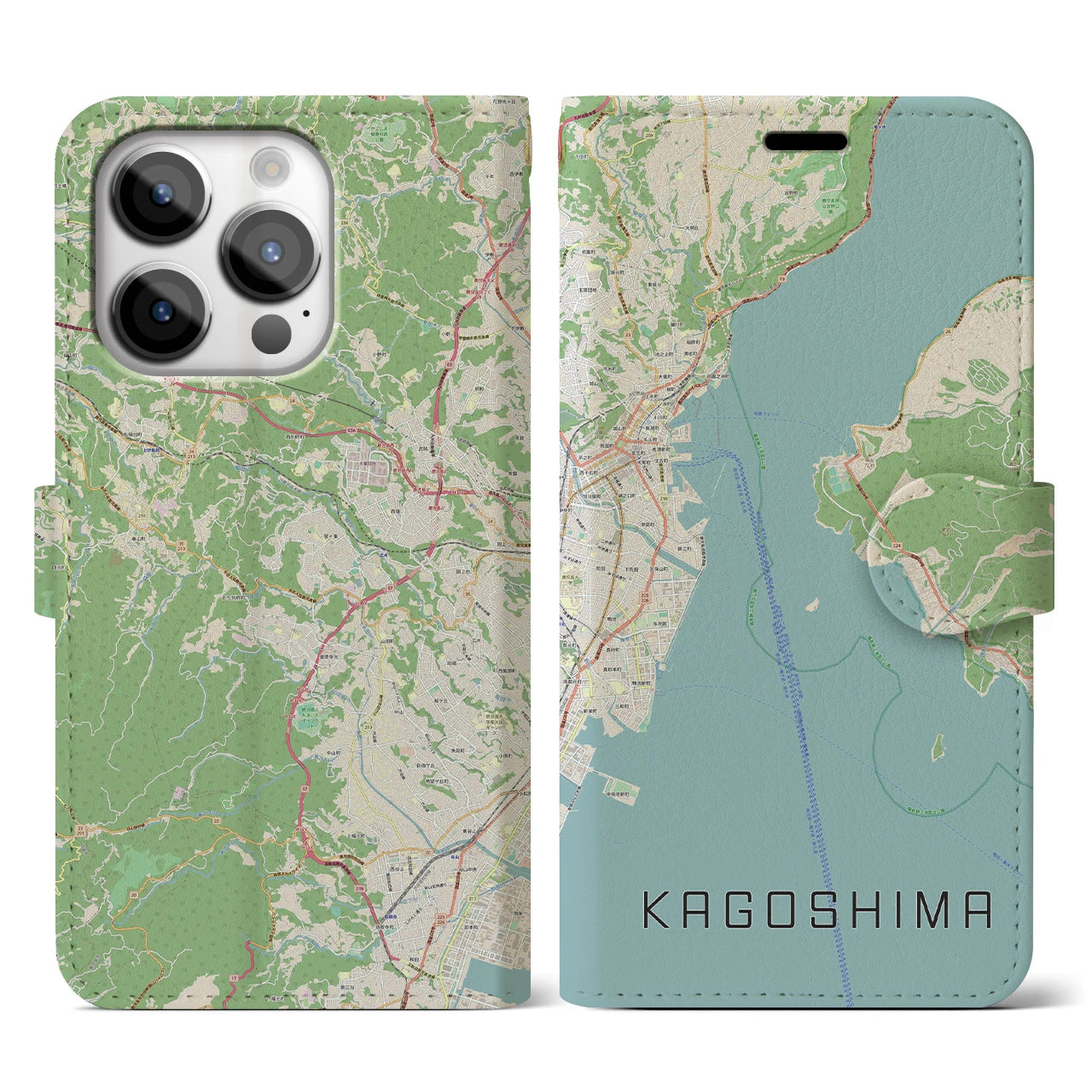 【鹿児島】地図柄iPhoneケース（手帳両面タイプ・ナチュラル）iPhone 14 Pro 用