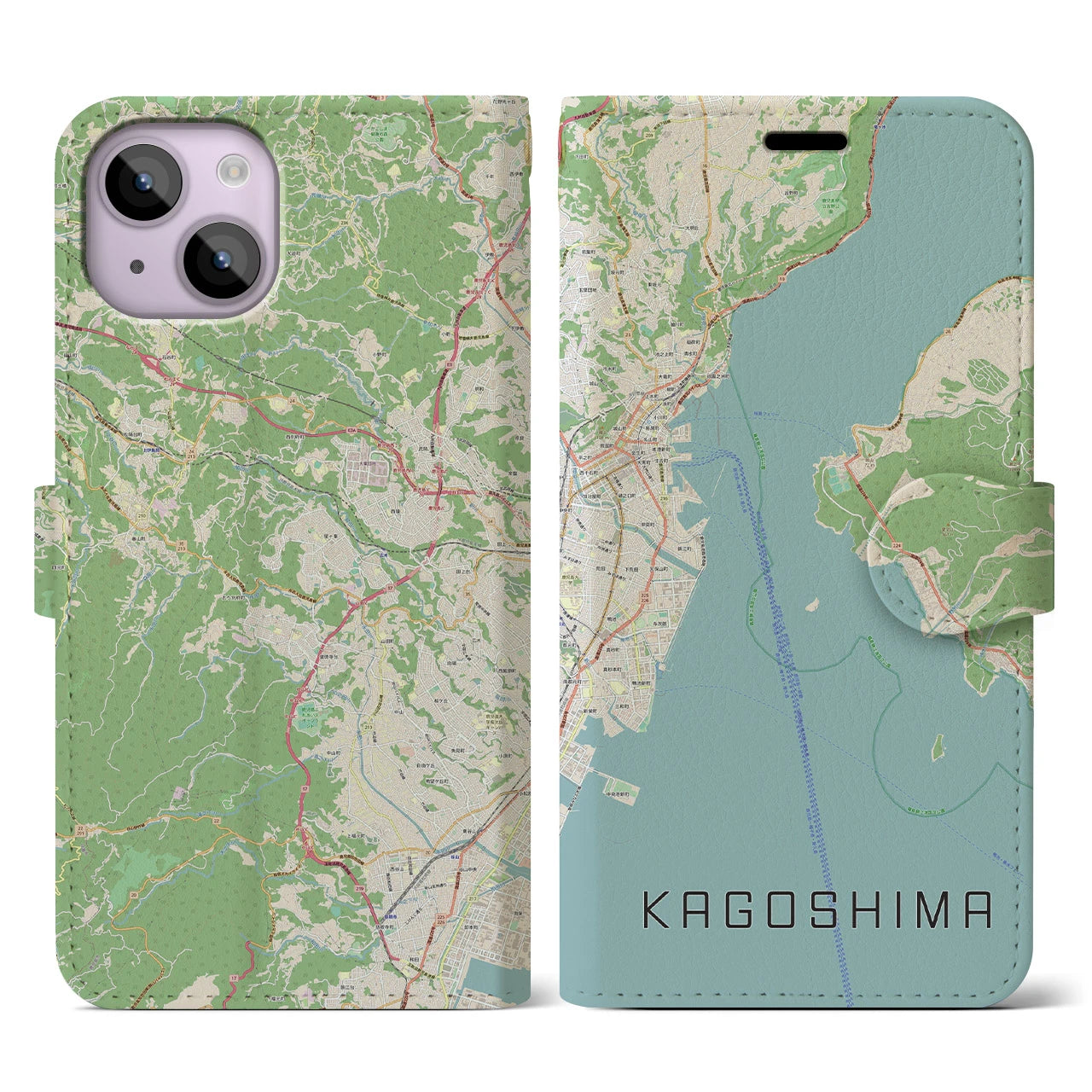 【鹿児島】地図柄iPhoneケース（手帳両面タイプ・ナチュラル）iPhone 14 用