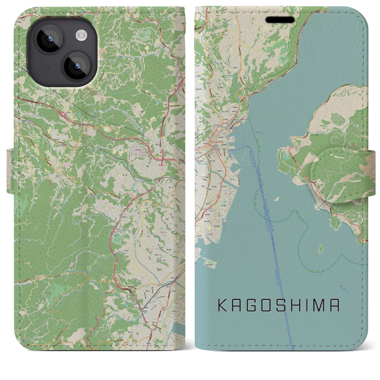 【鹿児島】地図柄iPhoneケース（手帳両面タイプ・ナチュラル）iPhone 14 Plus 用