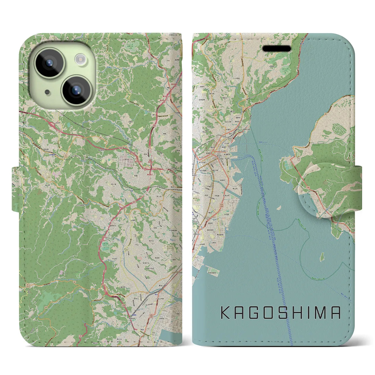 【鹿児島】地図柄iPhoneケース（手帳両面タイプ・ナチュラル）iPhone 15 用