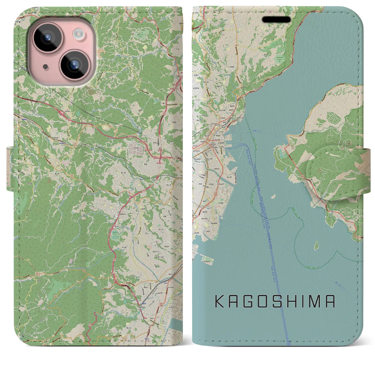 【鹿児島】地図柄iPhoneケース（手帳両面タイプ・ナチュラル）iPhone 15 Plus 用