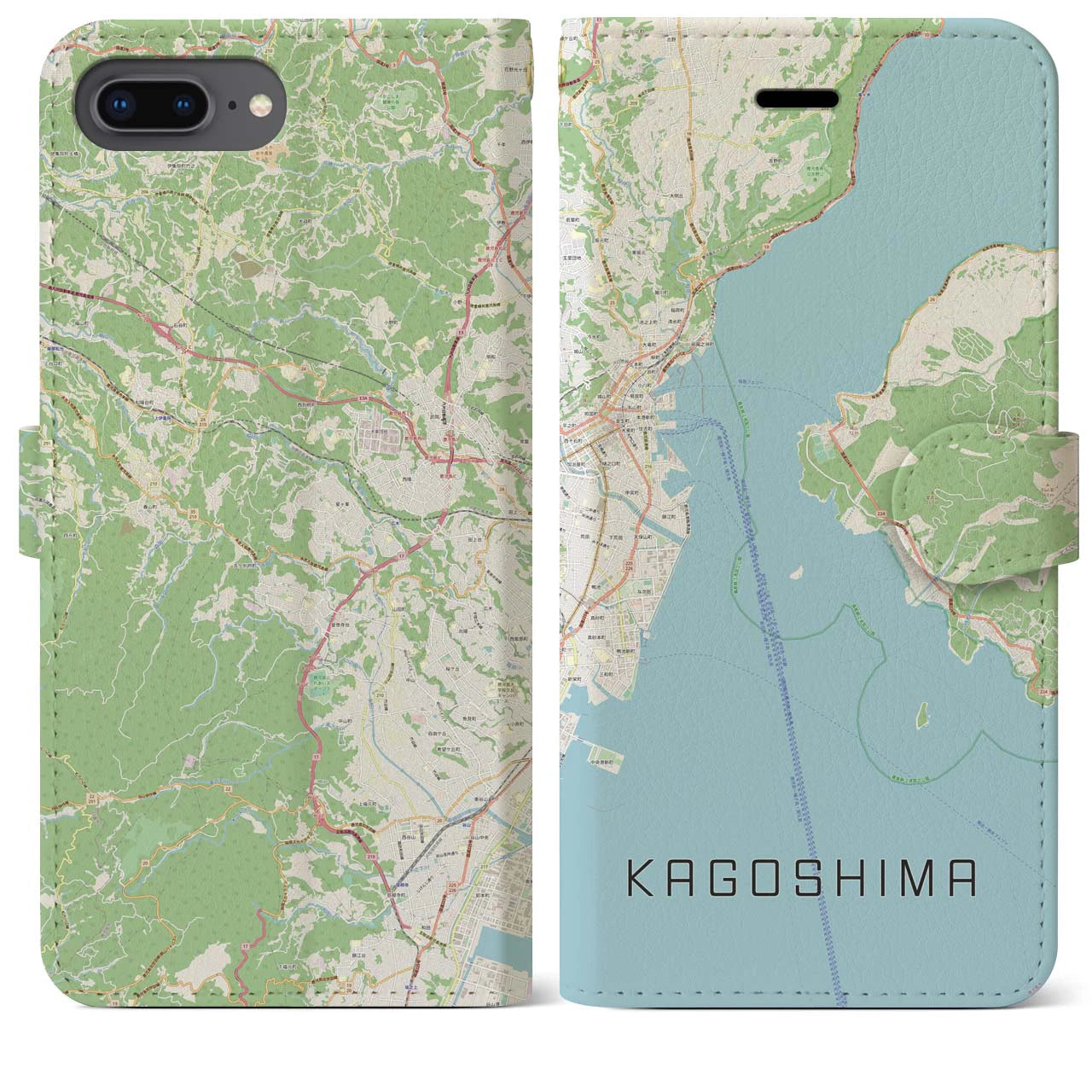 【鹿児島】地図柄iPhoneケース（手帳両面タイプ・ナチュラル）iPhone 8Plus /7Plus / 6sPlus / 6Plus 用