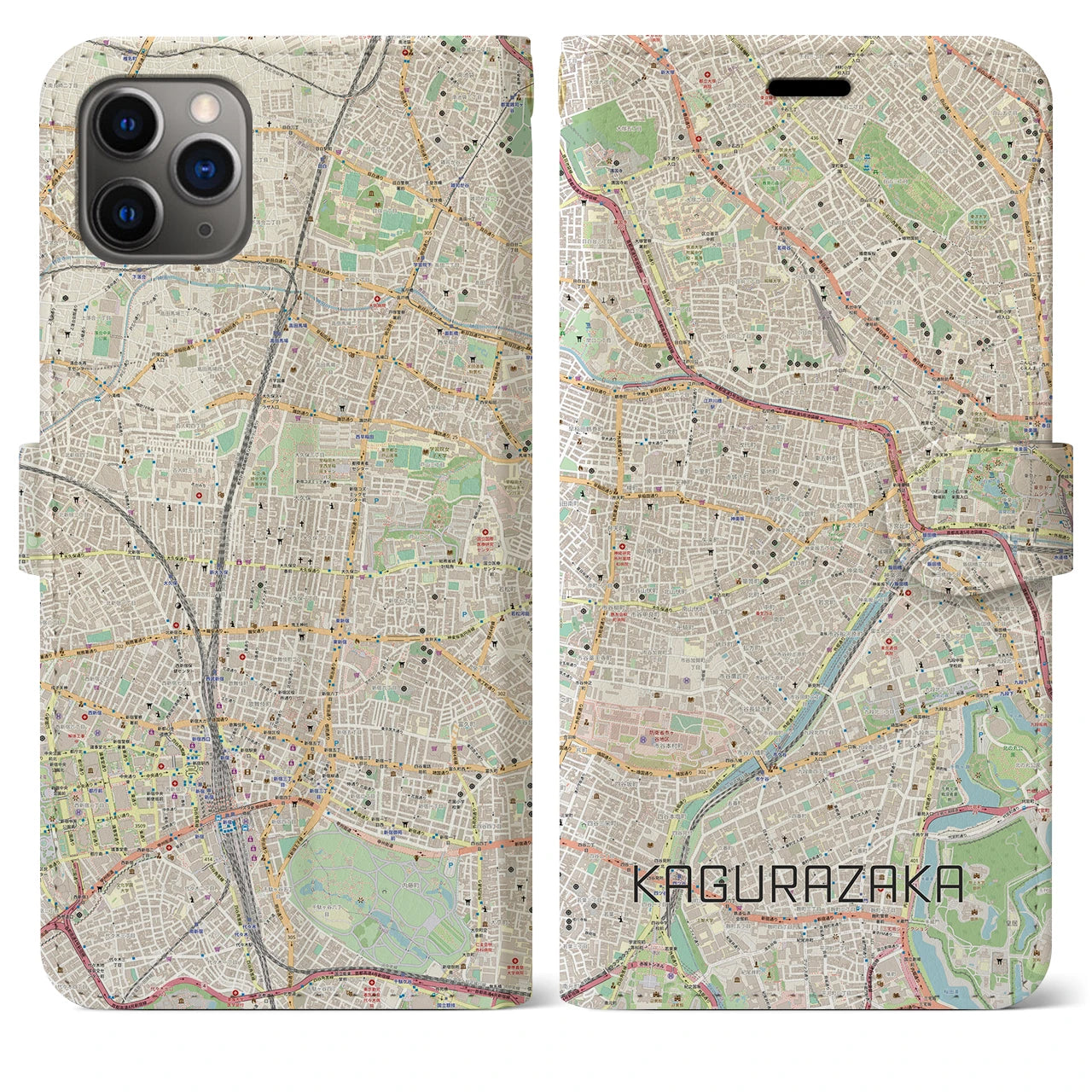 【神楽坂】地図柄iPhoneケース（手帳両面タイプ・ナチュラル）iPhone 11 Pro Max 用