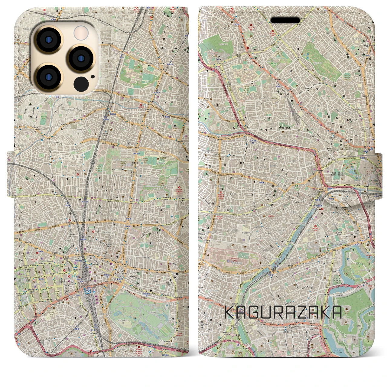 【神楽坂】地図柄iPhoneケース（手帳両面タイプ・ナチュラル）iPhone 12 Pro Max 用
