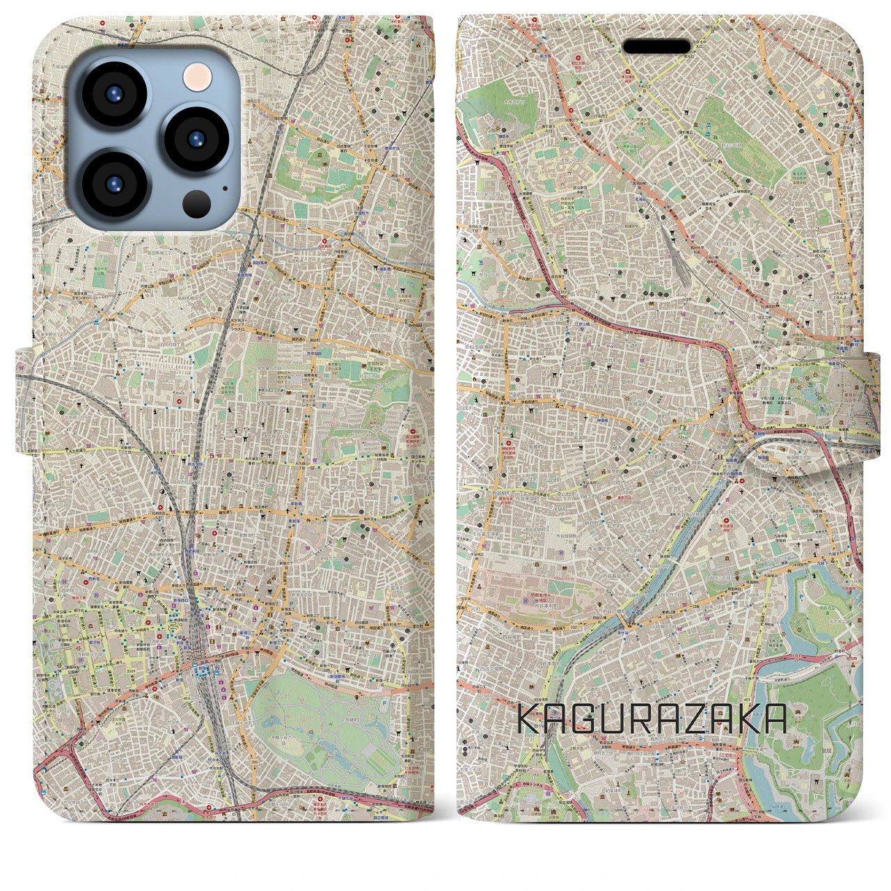 【神楽坂】地図柄iPhoneケース（手帳両面タイプ・ナチュラル）iPhone 13 Pro Max 用