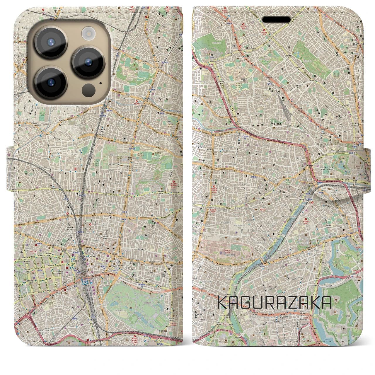 【神楽坂】地図柄iPhoneケース（手帳両面タイプ・ナチュラル）iPhone 14 Pro Max 用