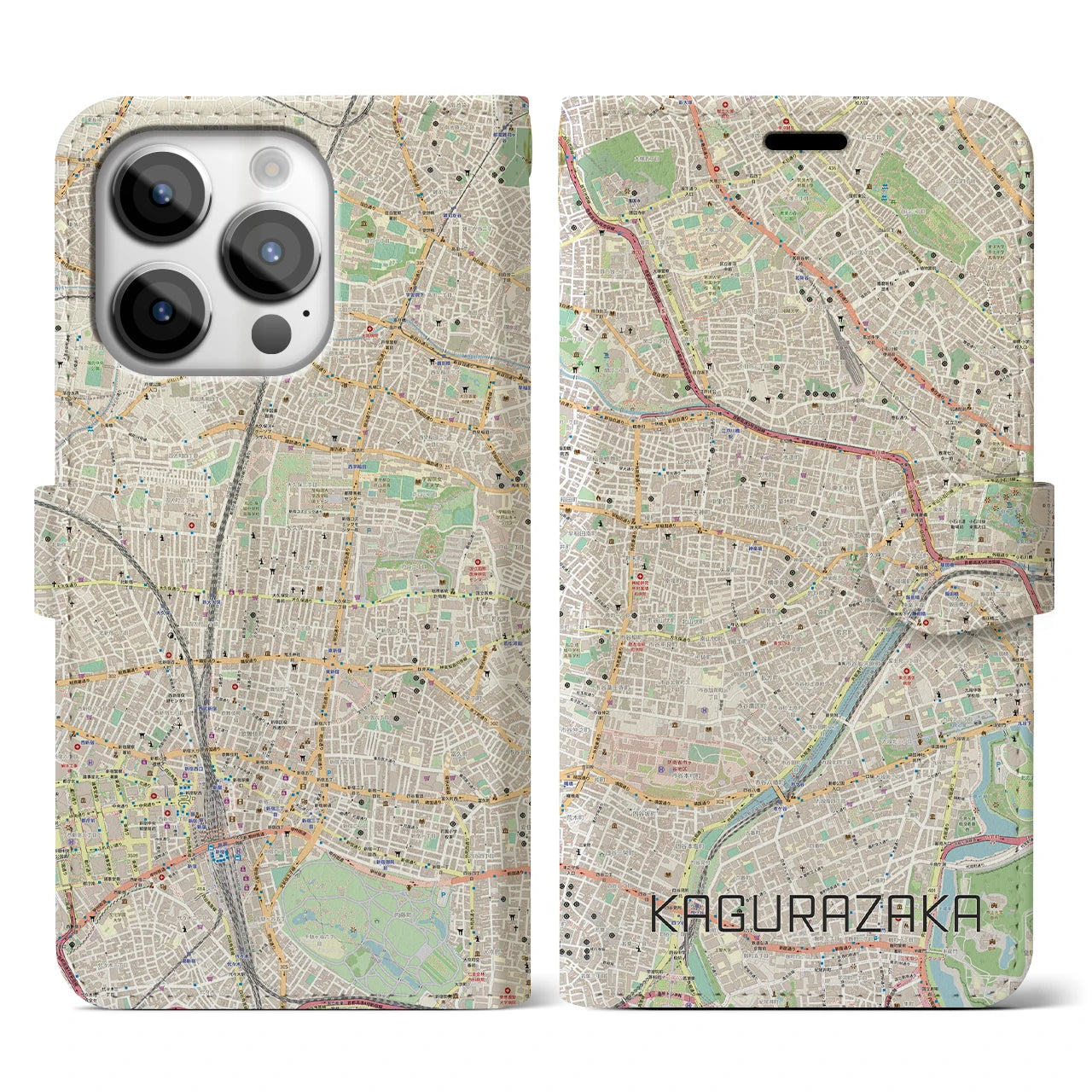 【神楽坂】地図柄iPhoneケース（手帳両面タイプ・ナチュラル）iPhone 14 Pro 用